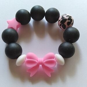 Pink Bow Black & Pink Bead Handmade Stretch Bracelet